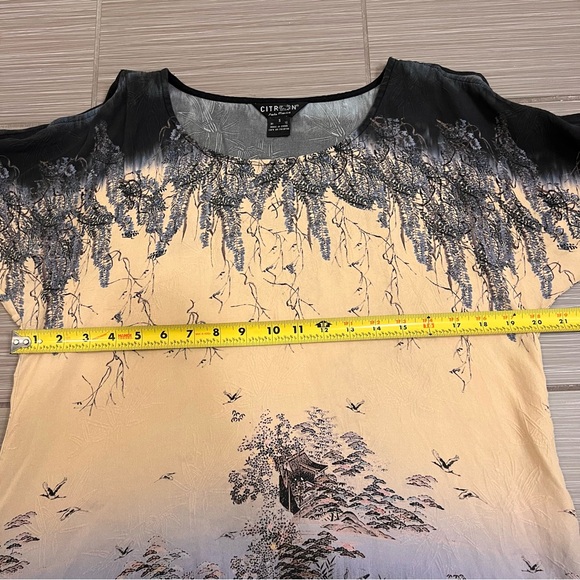 Citron Santa Monica Silk Blouse flower Asian inspired print fabric tunic - Picture 9 of 10